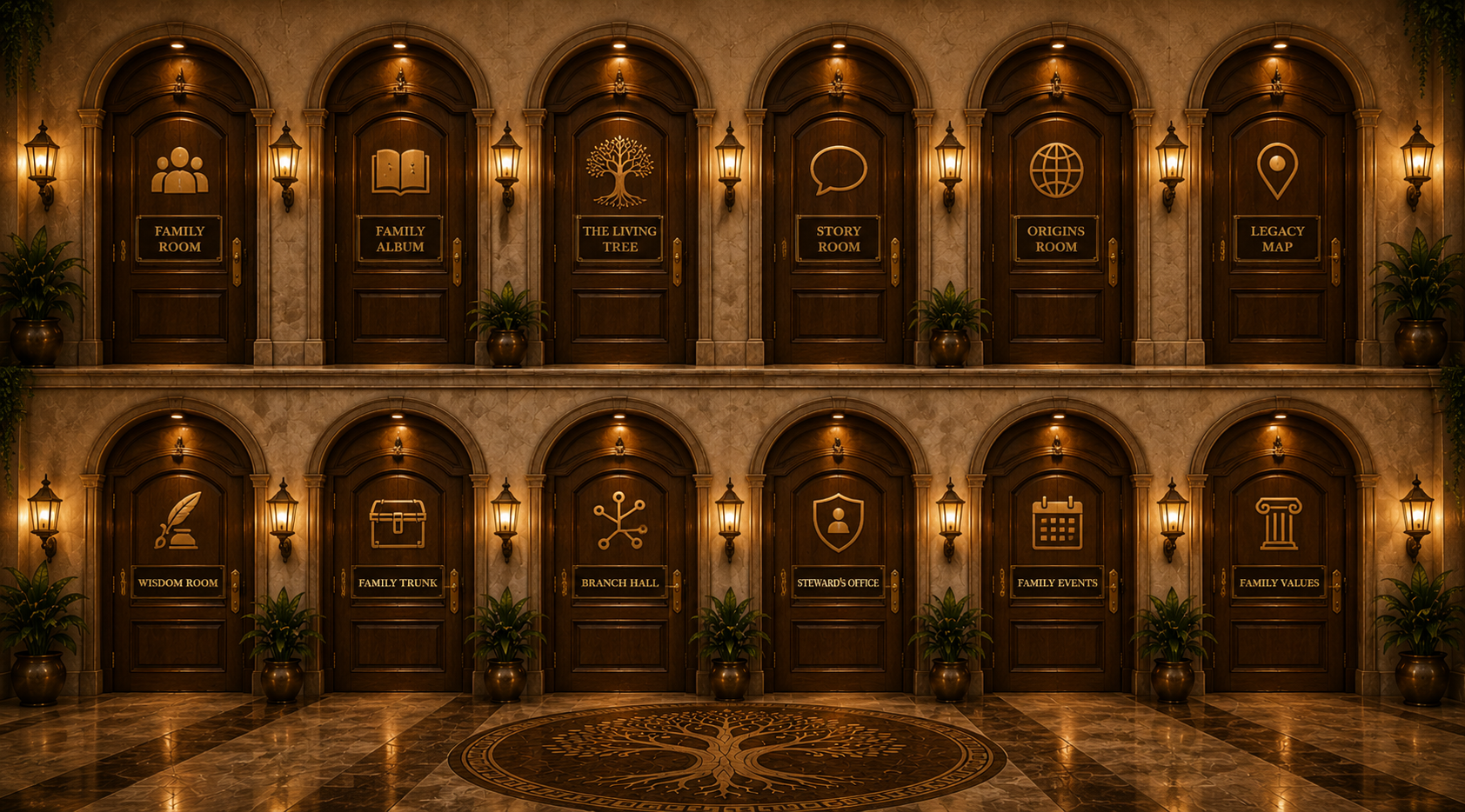 The Legacy Room — a carved-door hall, twelve doors over a tree-of-life floor medallion, each opening to a room